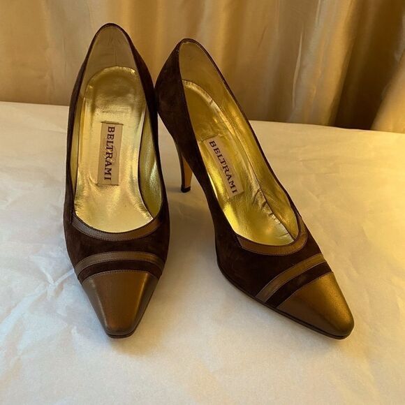 RARE Beltrami vintage cap toe chocolate suede pumps size 5 excellent condition - Picture 1 of 13